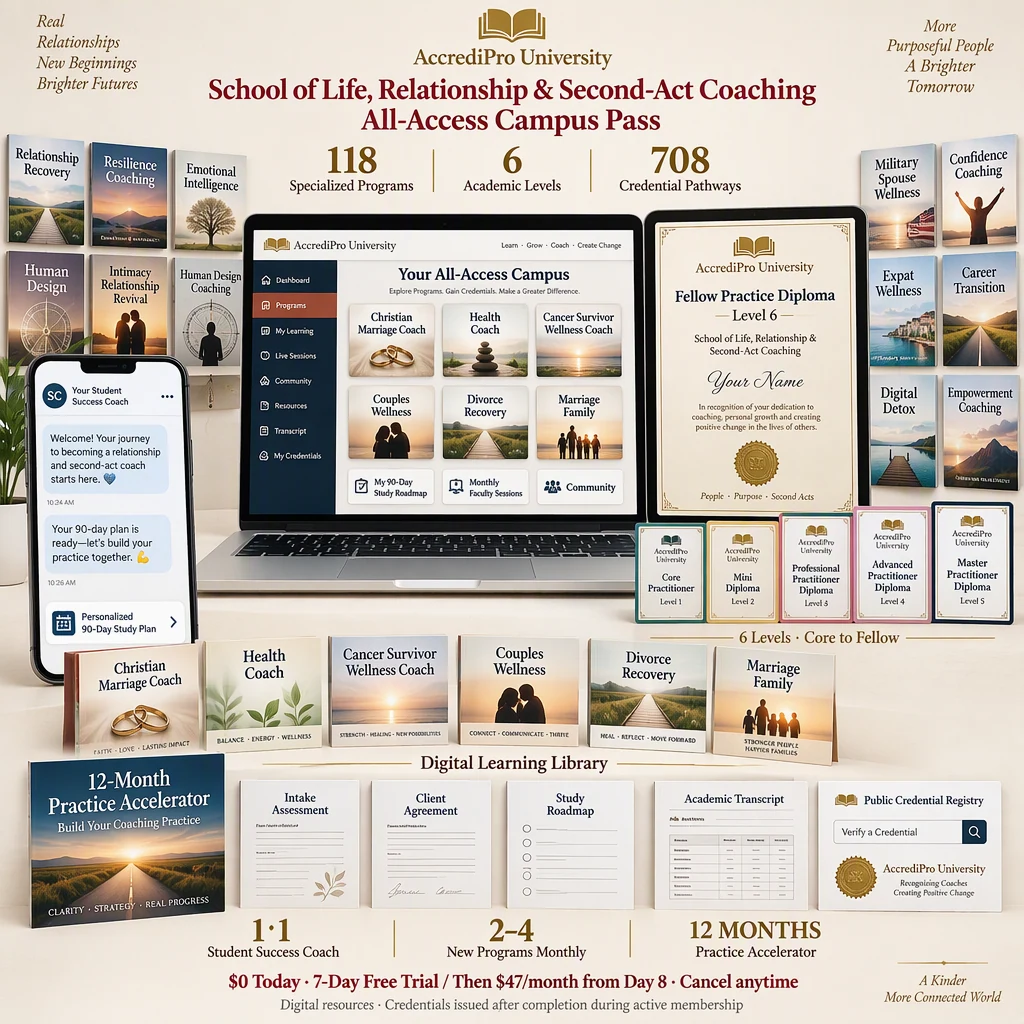 School of Life, Relationship & Second-Act Coaching bundle: digital library, six credential levels, coaching and practice resources