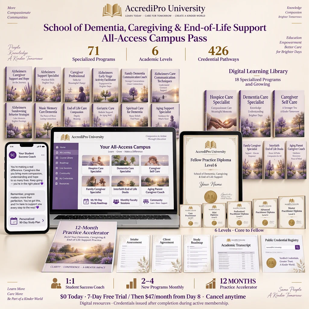 School of Dementia, Caregiving & End-of-Life Support bundle: digital library, six credential levels, coaching and practice resources