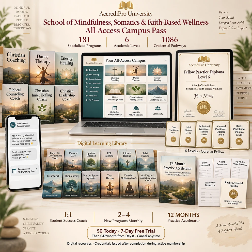 School of Mindfulness, Somatics & Faith-Based Wellness bundle: digital library, six credential levels, coaching and practice resources