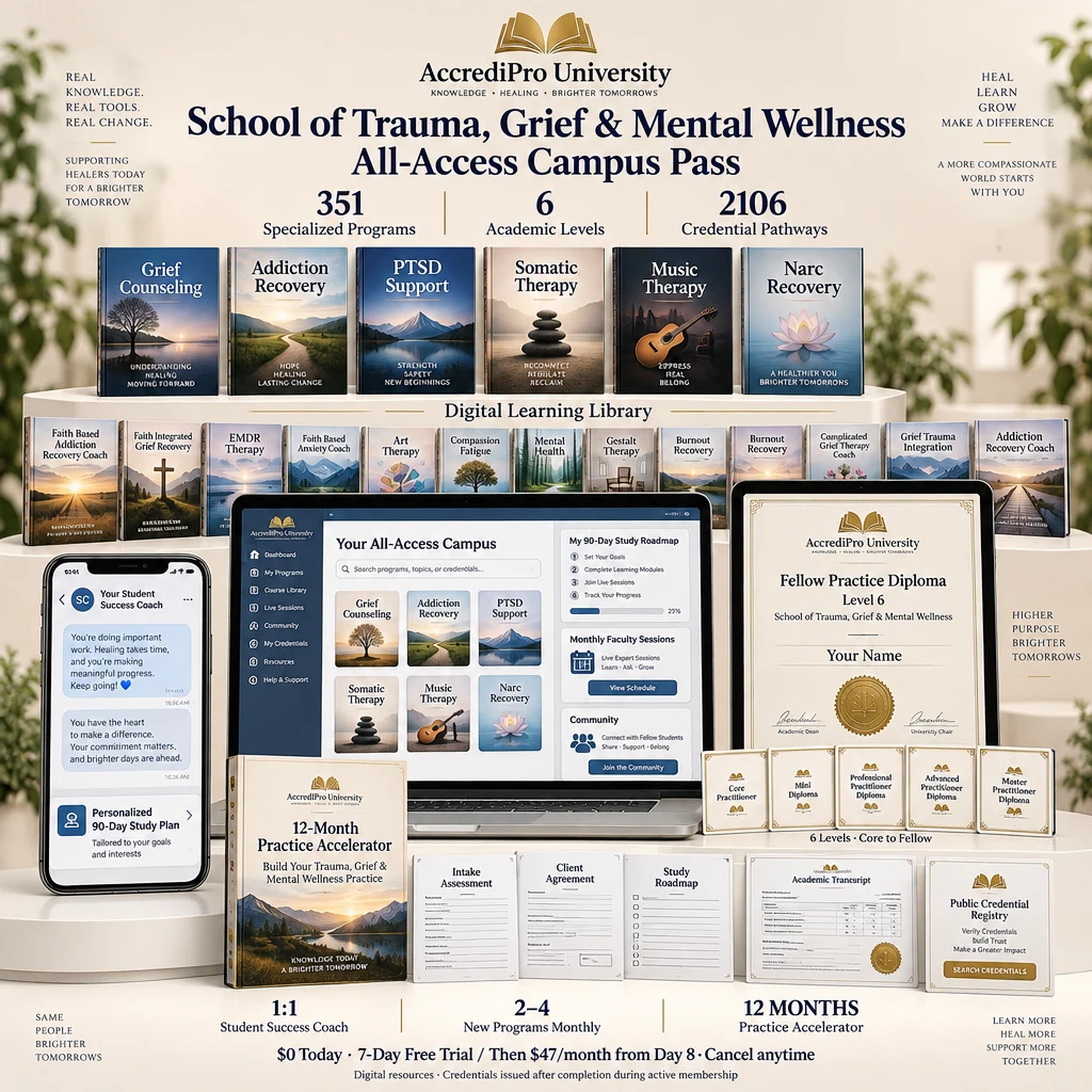 School of Trauma, Grief & Mental Wellness bundle: digital library, six credential levels, coaching and practice resources