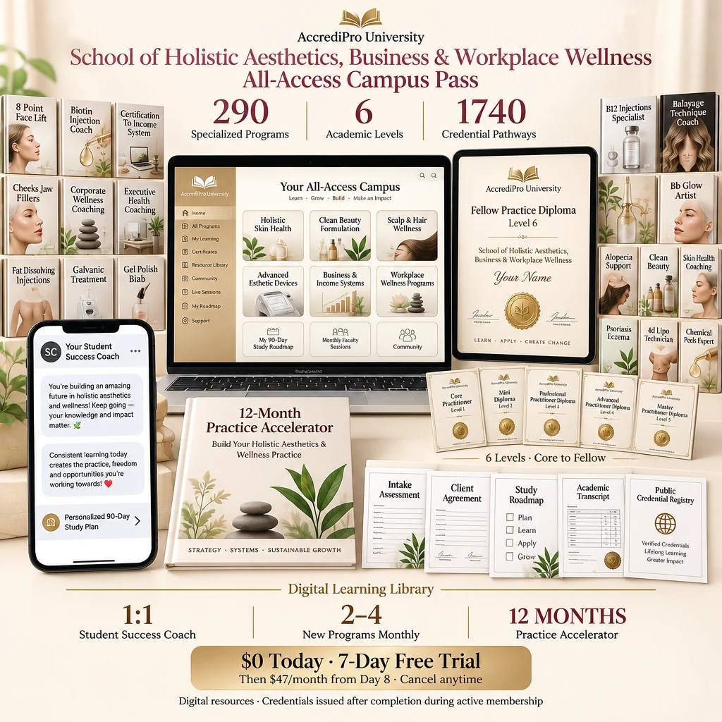 School of Holistic Aesthetics, Business & Workplace Wellness bundle: digital library, six credential levels, coaching and practice resources