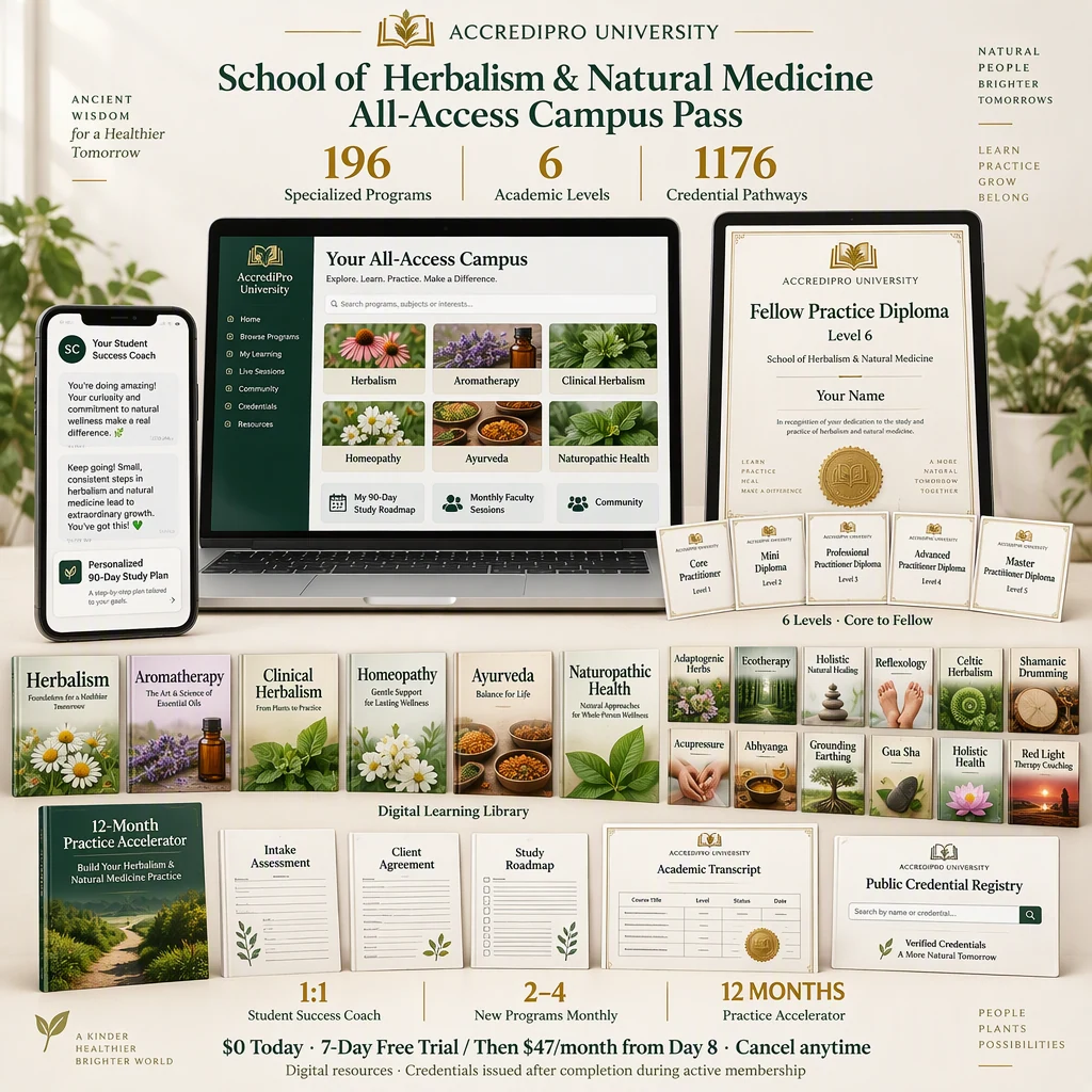 School of Herbalism & Natural Medicine bundle: digital library, six credential levels, coaching and practice resources