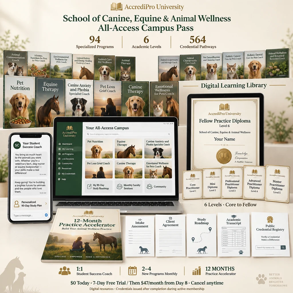 School of Canine, Equine & Animal Wellness bundle: digital library, six credential levels, coaching and practice resources